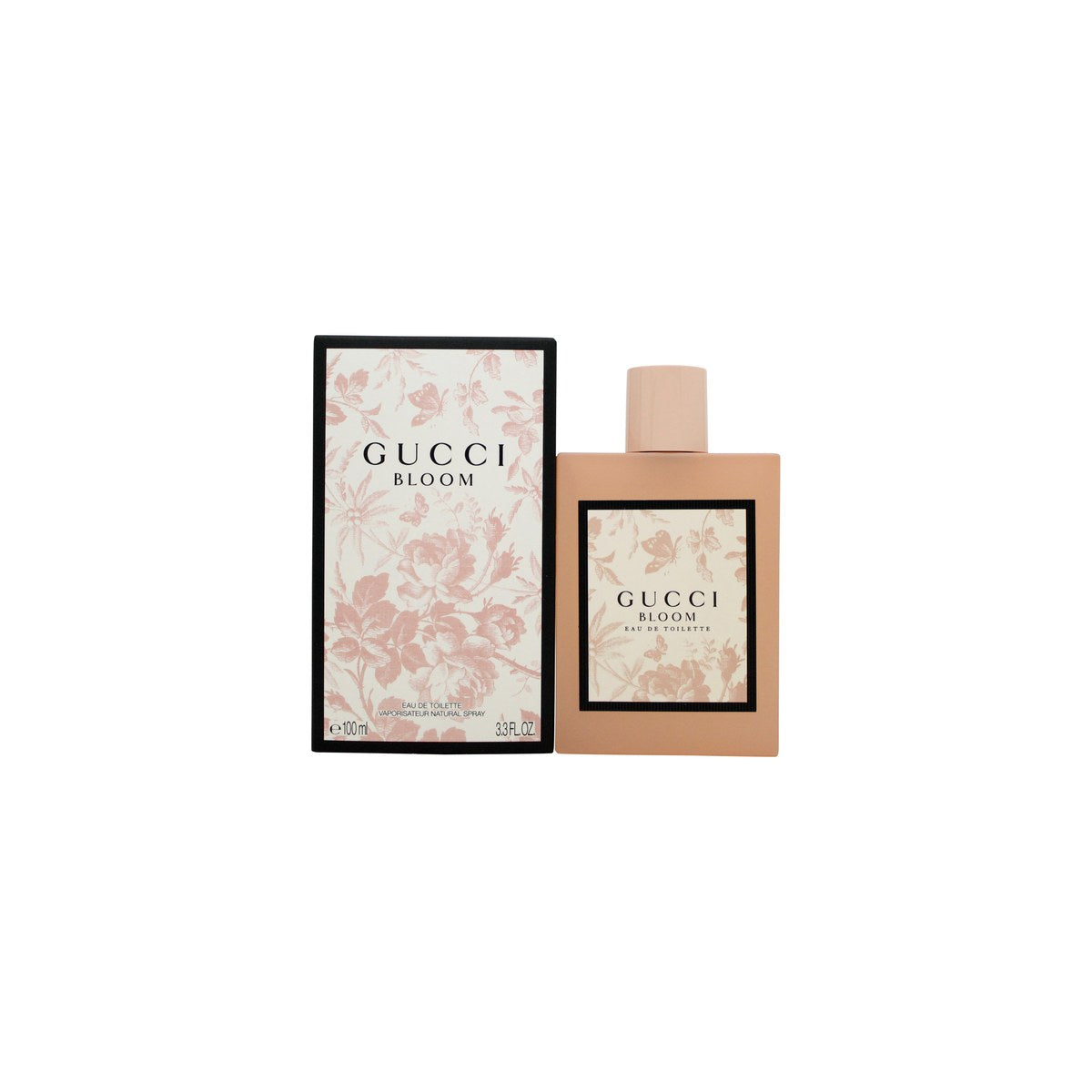 Gucci Bloom Eau De Toilette Gucci 100 ml, lyserød firkantet glasflaske med enkel etiket og feminint udtryk