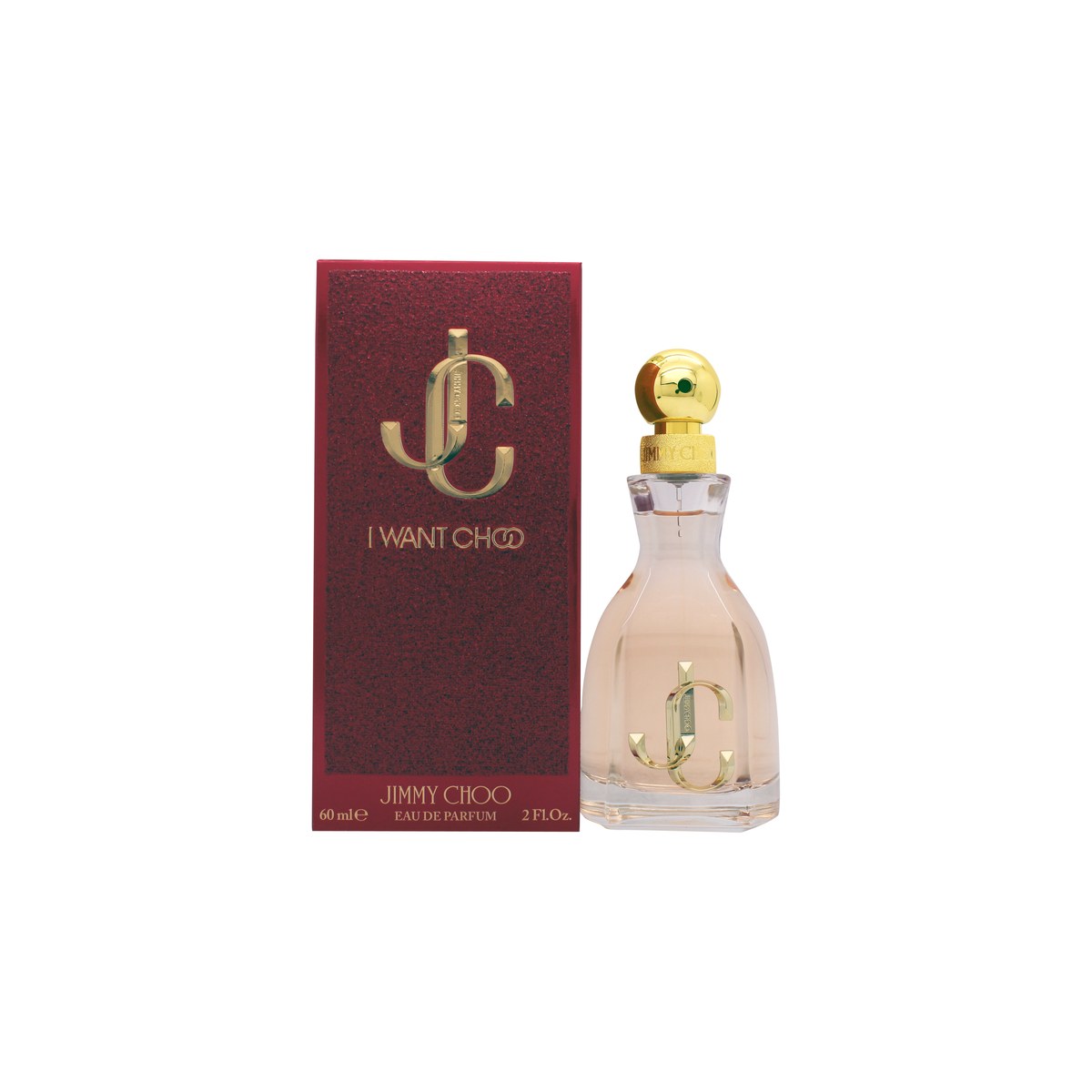 I Want Choo Eau De Parfum Jimmy Choo 60 ml i ferskenfarvet glasflaske med bløde kurver, gyldent låg og diskret logo
