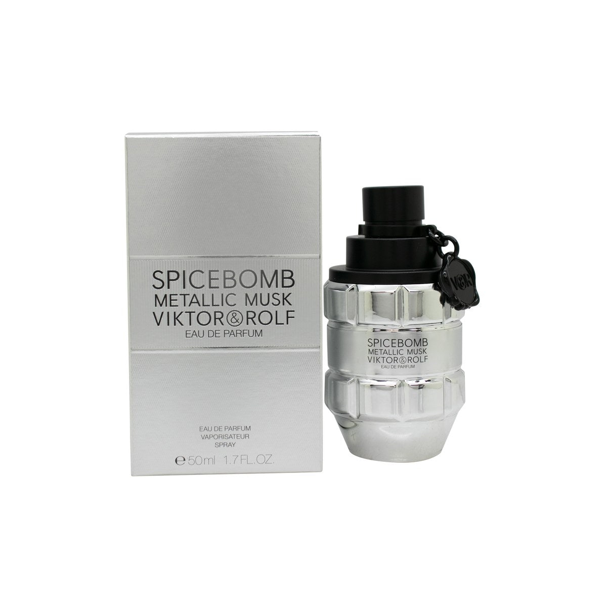 Viktor & Rolf Spicebomb Metallic Musk Eau de Parfum 50 ml – granatformet sølvflakon med metallisk finish og sort bånddetalje