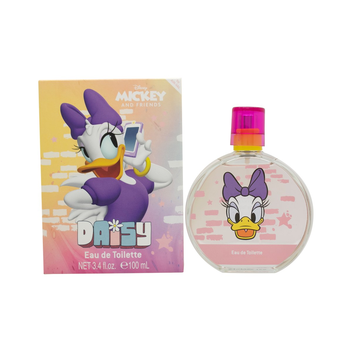 Disney Daisy Duck Eau de Toilette 100ml, lyserød rund flaske med Daisy-motiv og lilla låg