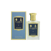 Floris JF Eau de Toilette, Floris, 50 ml – klar glasflaske med gyldent låg og enkel hvid etiket i klassisk design