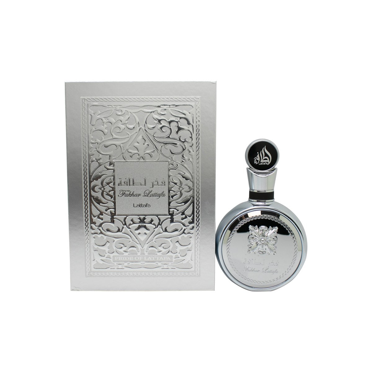 Lattafa Fakhar Platin Eau de Parfum 100ml – Lattafa 100 ml, sort flakon med sølvdetaljer og mønsterpræget front.