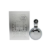 Lattafa Fakhar Platin Eau de Parfum 100ml – Lattafa 100 ml, sort flakon med sølvdetaljer og mønsterpræget front.