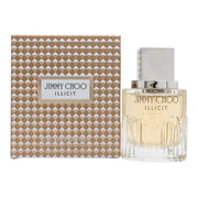 Illicit Eau De Parfum, Jimmy Choo 40 ml – rektangulær glasflaske med facetslebne sider, gylden duft og guldlåg, elegant udtryk