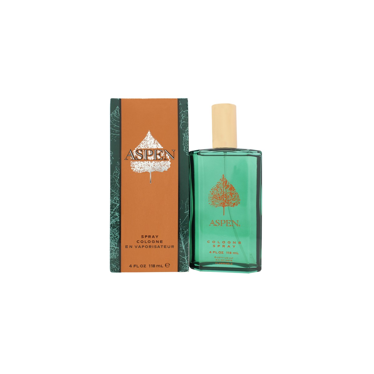 Coty Aspen Eau de Cologne 118 ml i klar glasflaske med grøn væske, sølvfarvet låg og enkelt hvid etiket med træmotiv
