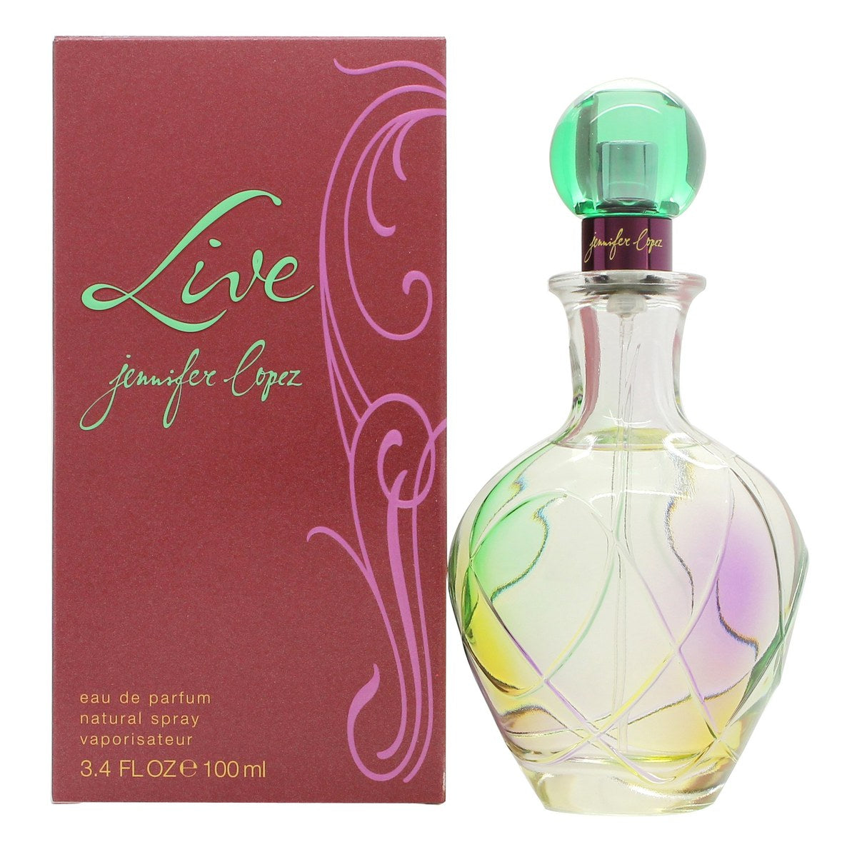 Jennifer Lopez Live Eau de Parfum 100ml, Jennifer Lopez, 100 ml –buet glasflaske i blå og lilla med sølvhals og rund prop.