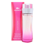 Lacoste Touch Of Pink Eau De Toilette, Lacoste, 50 ml – klar glasflaske med lyserød væske, pink låg og sølv krokodillelogo