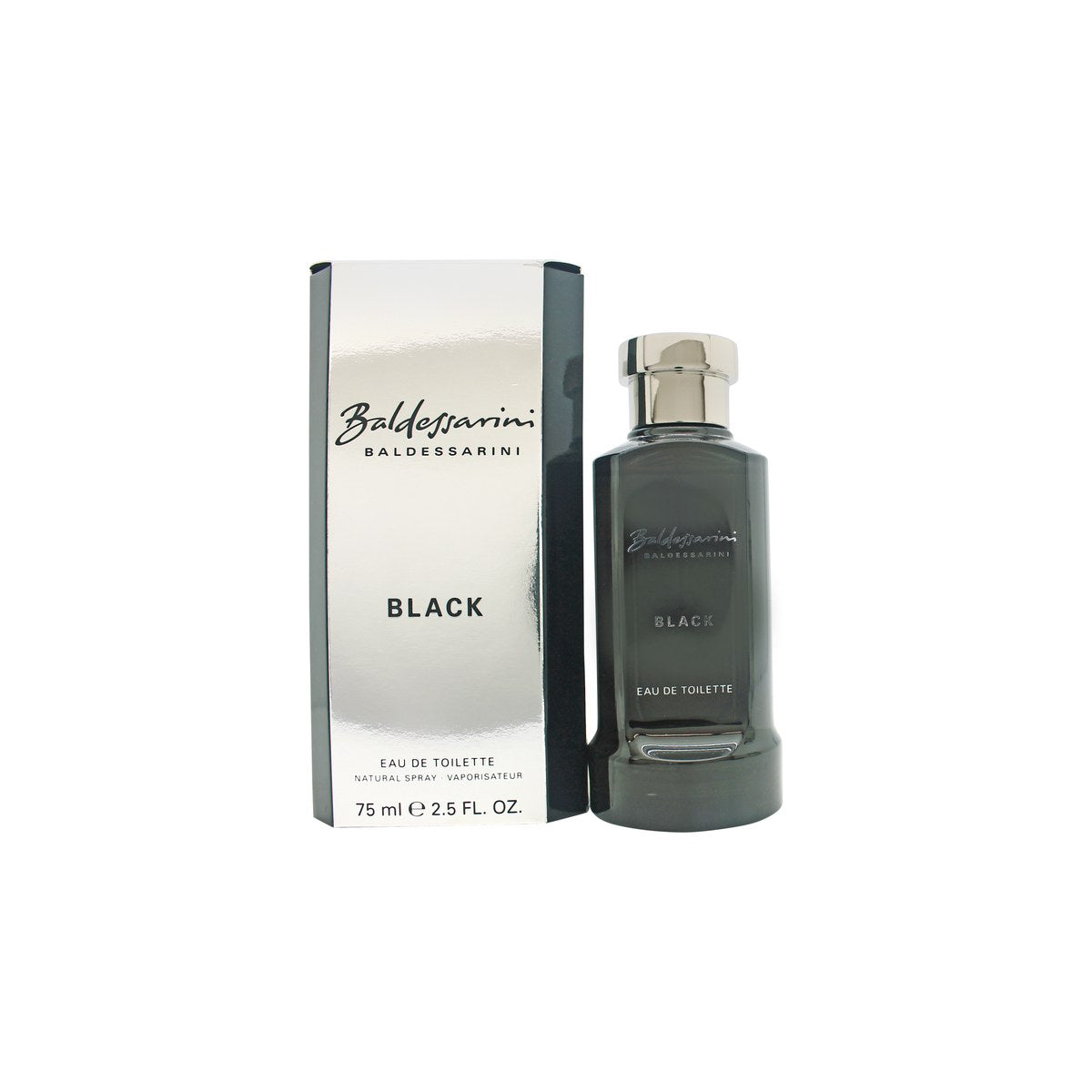 Baldessarini Black Eau de Toilette, Baldessarini 75 ml – sort, rektangulær glasflaske med gylden ramme og sort hætte