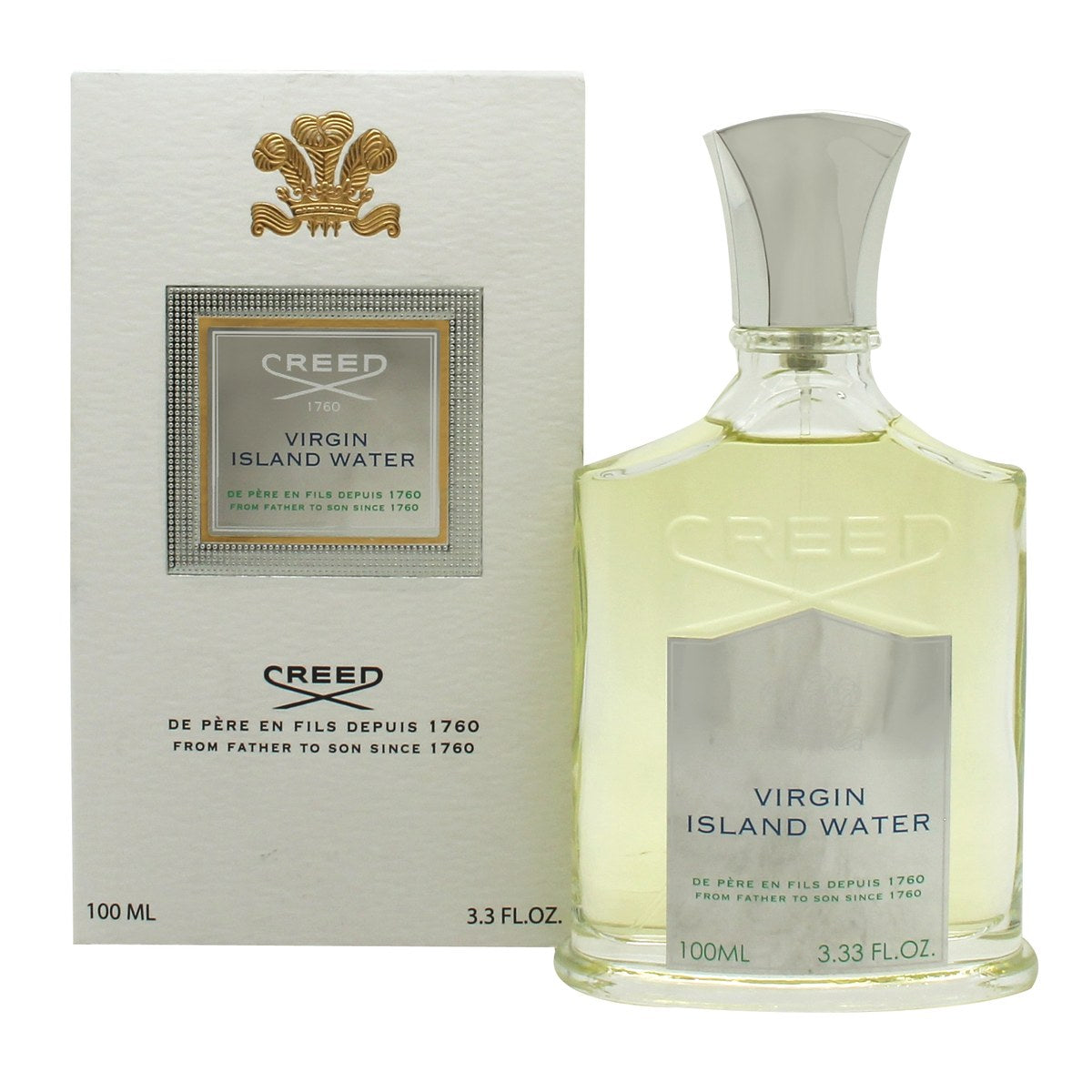 Virgin Island Water Eau De Parfum Creed 100 ml, mat hvid flakon med sort låg og gyldent crest, klassisk firkantet design