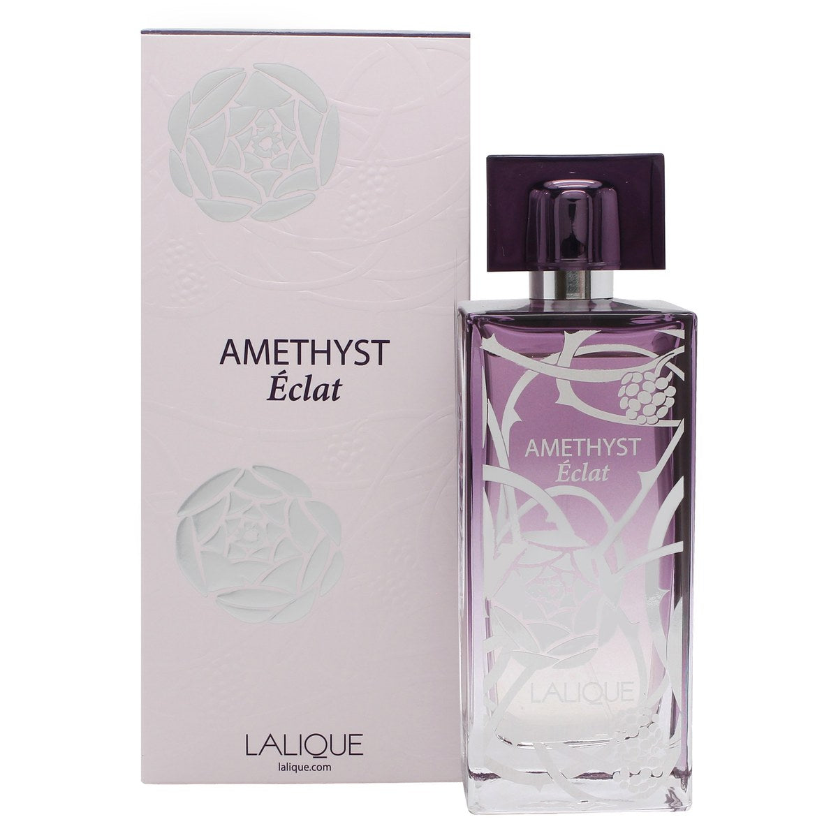 Amethyst Eclat Eau De Parfum Lalique 100 ml, lyserød firkantet glasflakon med præget blomsterdesign og klart låg