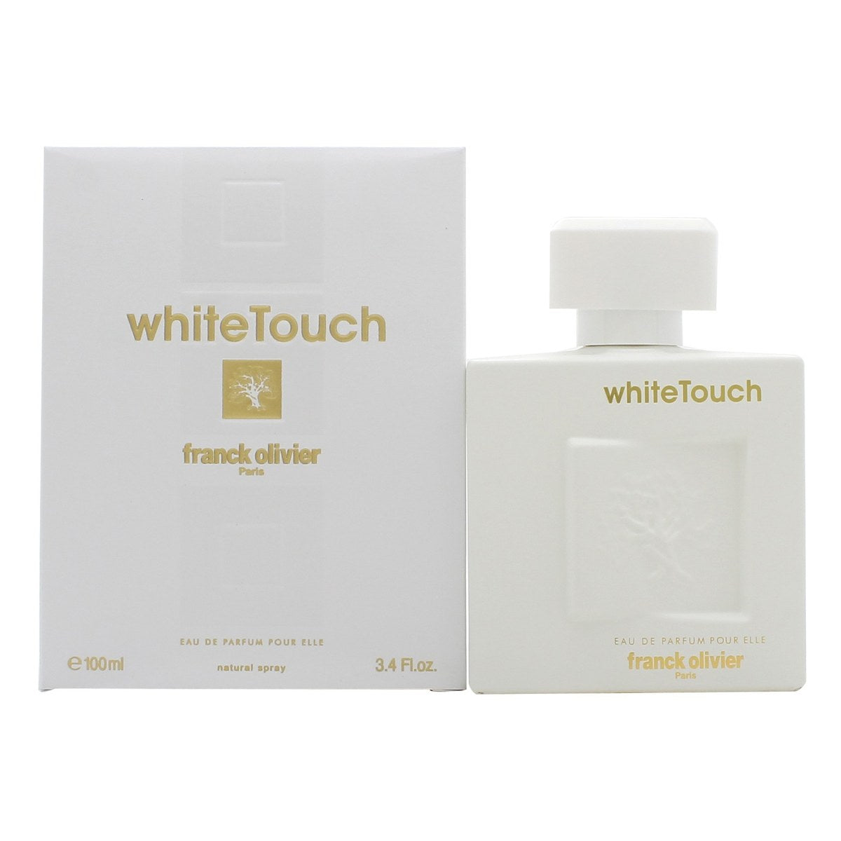 Franck Olivier White Touch Eau de Parfum 100 ml – Franck Olivier. Hvid rund flakon med sølvhals og klar prop.