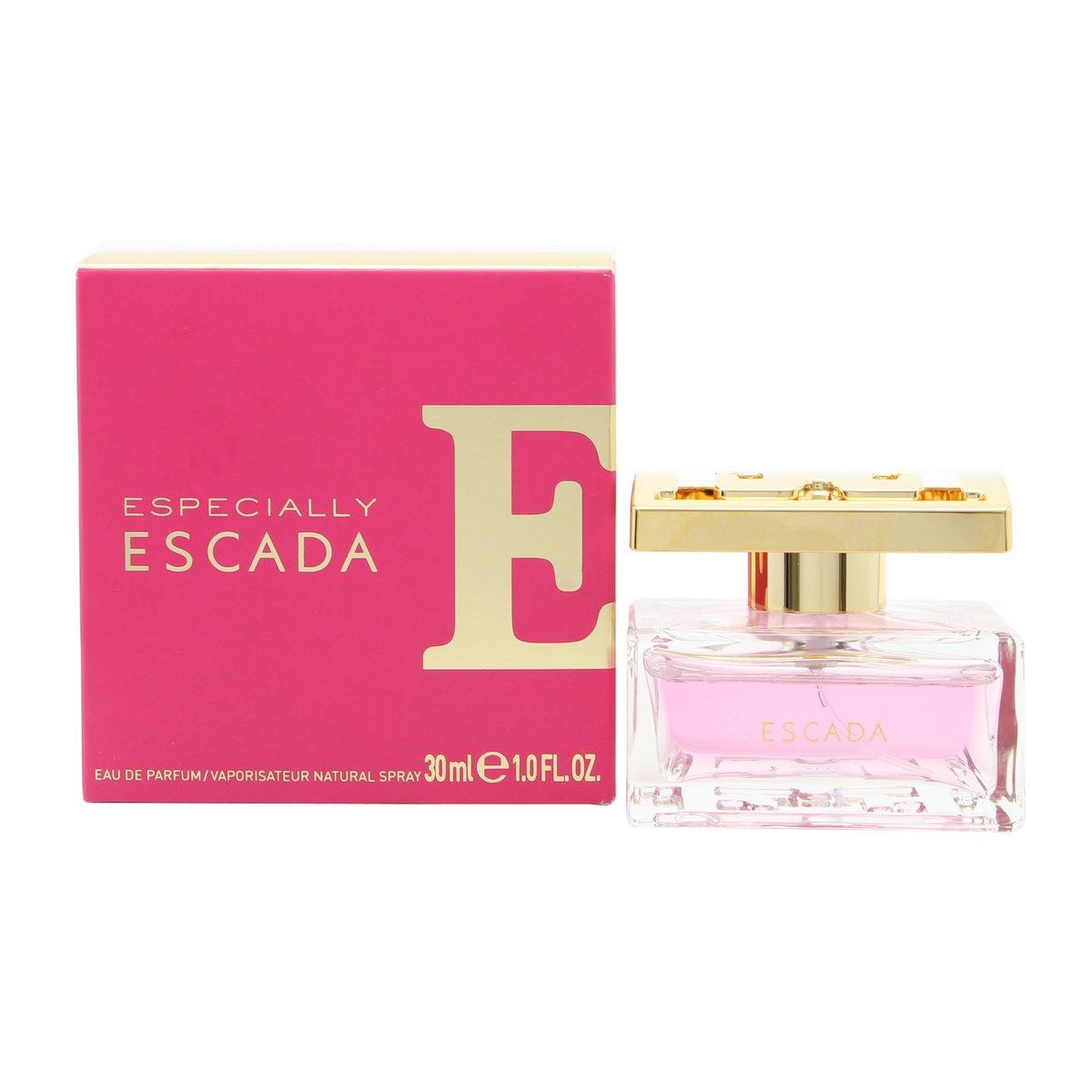 Especially Escada Eau De Parfum Escada 30 ml, slank glasklar parfumeflaske med rosa væske og stor guldfarvet hætte