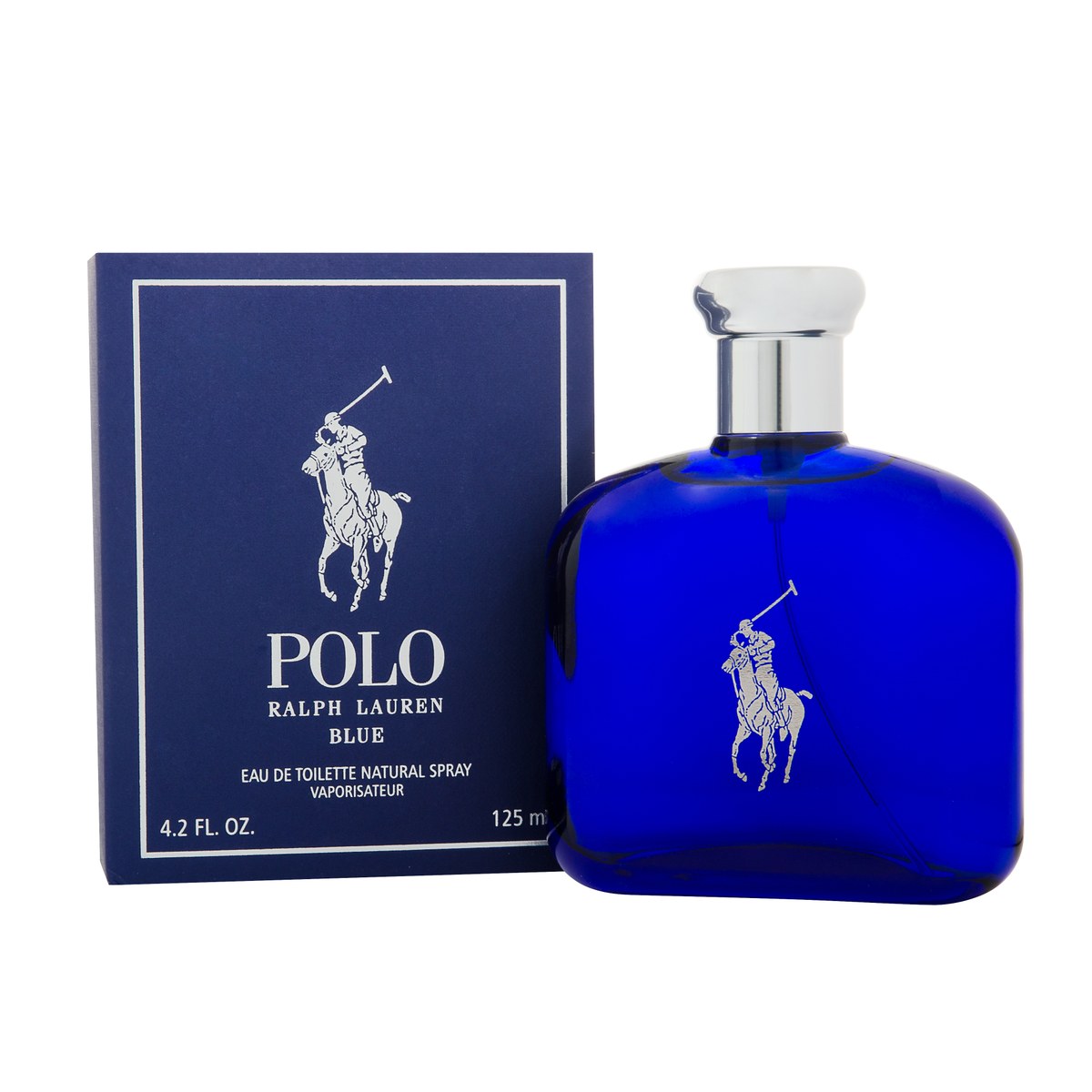 Ralph Lauren Polo Blue Eau de Toilette 125 ml, klar blå rektangulær glasflaske med sølvfarvet låg og polospiller-logo.