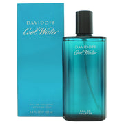 Cool Water Eau De Toilette Davidoff 125 ml, høj rektangulær flaske i blågrønt glas med afrundet top og sølvfarvet låg