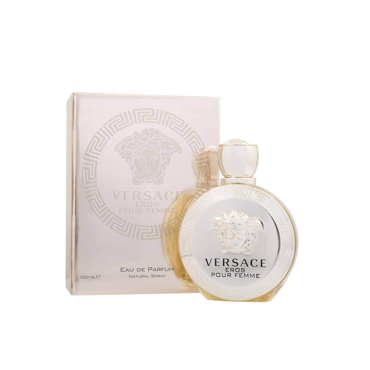 Versace Eros Pour Femme Eau De Parfum, Versace 100 ml – rund, gylden parfumeflaske med Medusa-præg og klassisk design