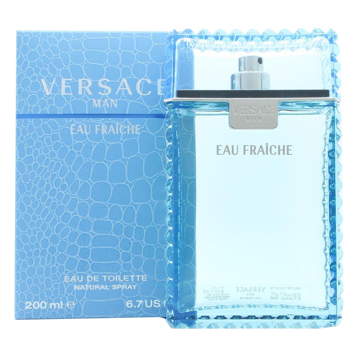 Versace Man Eau Fraiche Eau de Toilette 200 ml, Versace – rektangulær lyseblå glasflaske med sølvlogo og metalhætte