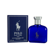 Ralph Lauren Polo Blue Eau de Toilette 75 ml flaske i dybblåt glas med sølvfarvet låg og polo-logo