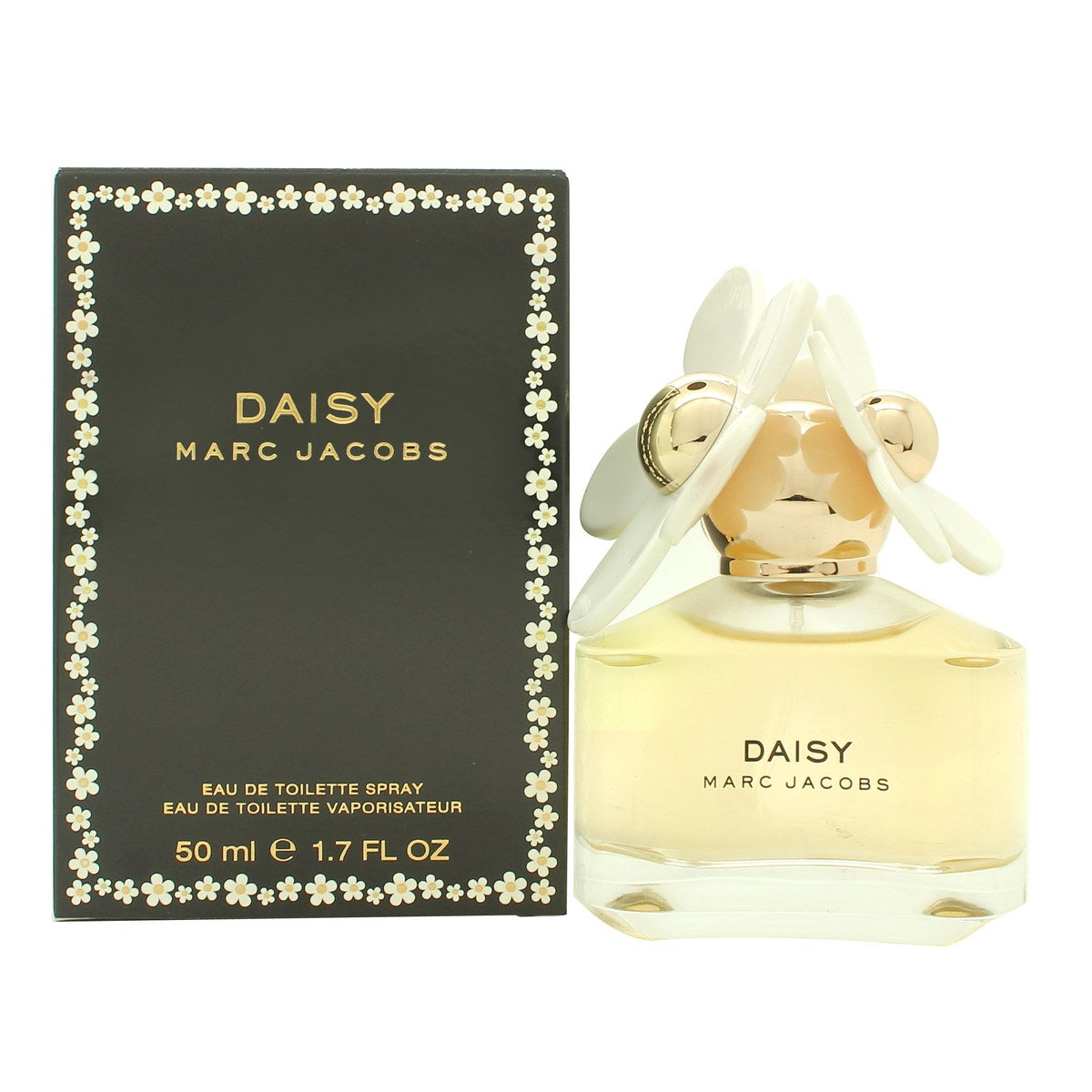 Daisy Eau De Toilette Marc Jacobs 50 ml, klar glasflakon med gylden væske og låg med hvide margueritter