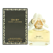 Daisy Eau De Toilette Marc Jacobs 50 ml, klar glasflakon med gylden væske og låg med hvide margueritter