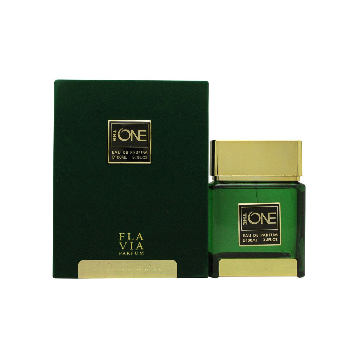 Flavia The One Eau de Parfum 100ml, Flavia, 100 ml – klar glasflaske med gyldent indhold og sort firkantet låg.