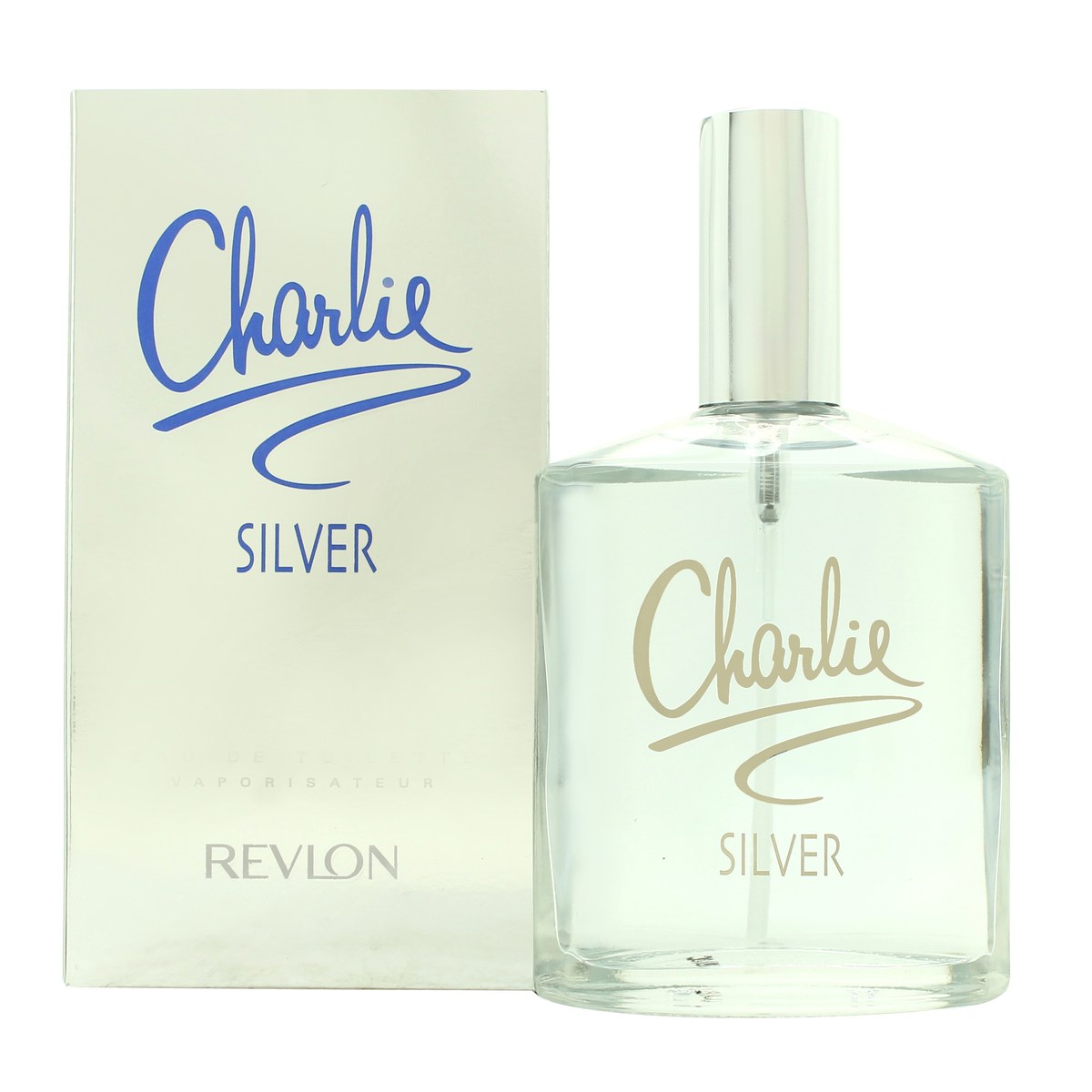 Charlie Silver Eau De Toilette, Revlon 100 ml – klar glasflaske med minimalistisk design og lang sølvfarvet hætte