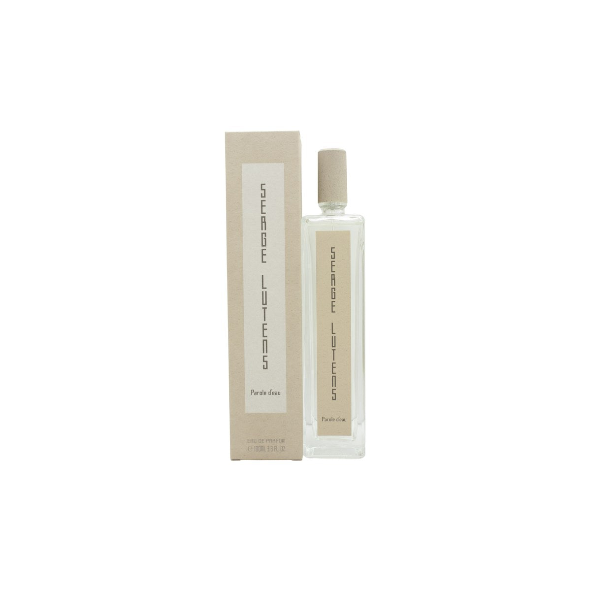 Parole D'Eau Eau De Parfum Serge Lutens 100 ml – klar glasflaske, rektangulær form, sort låg, rolig fremtoning