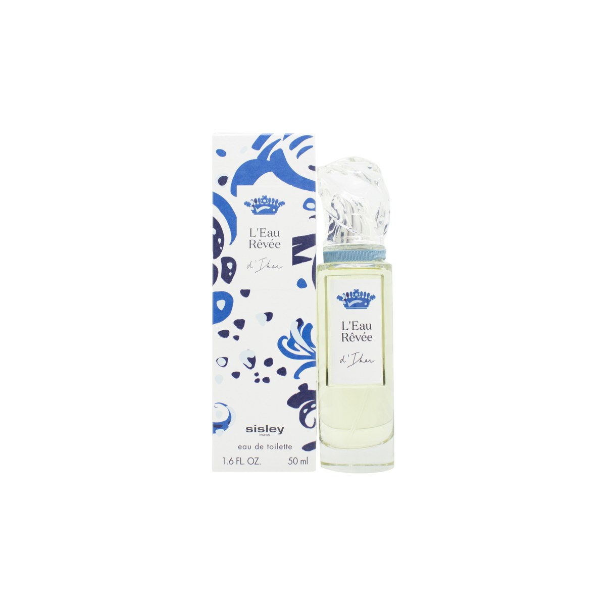 Sisley L'Eau Rêvée D'Ikar Eau De Toilette 50 ml, klar glasflaske med afrundet form, etiketdesign i grøn-blå toner og hvid sprayhætte