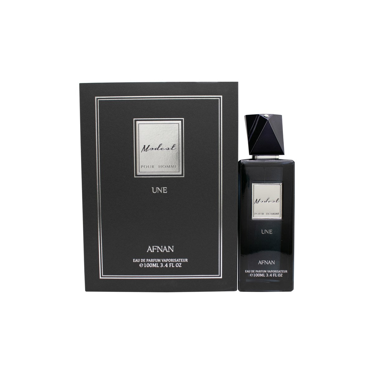 Afnan Modest Pour Homme Une Eau de Parfum 100 ml Afnan – mørkeblå flakon med sølvlåg og enkelt design
