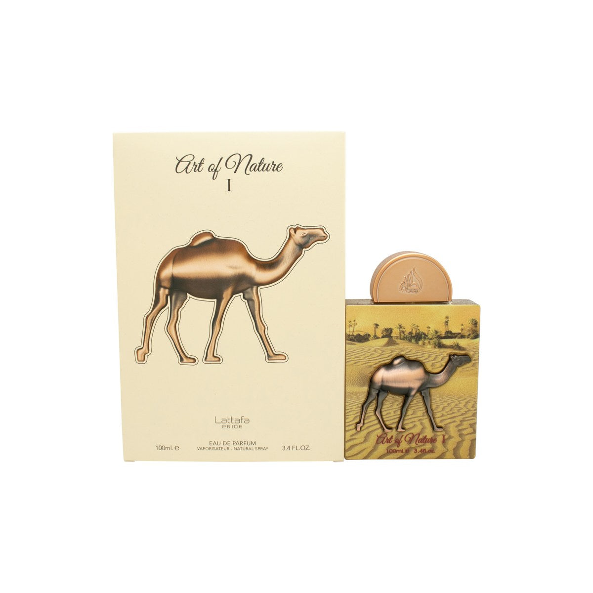 Lattafa Art Of Nature I Eau De Parfum 100 ml i smaragdgrøn firkantet glasflaske med gylden hætte og botanisk motiv