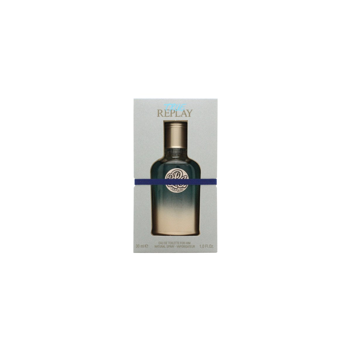 Replay True Replay for Him Eau de Toilette 30 ml – klar, rektangulær flakon i blåtone med sølvfarvet låg og markant logo