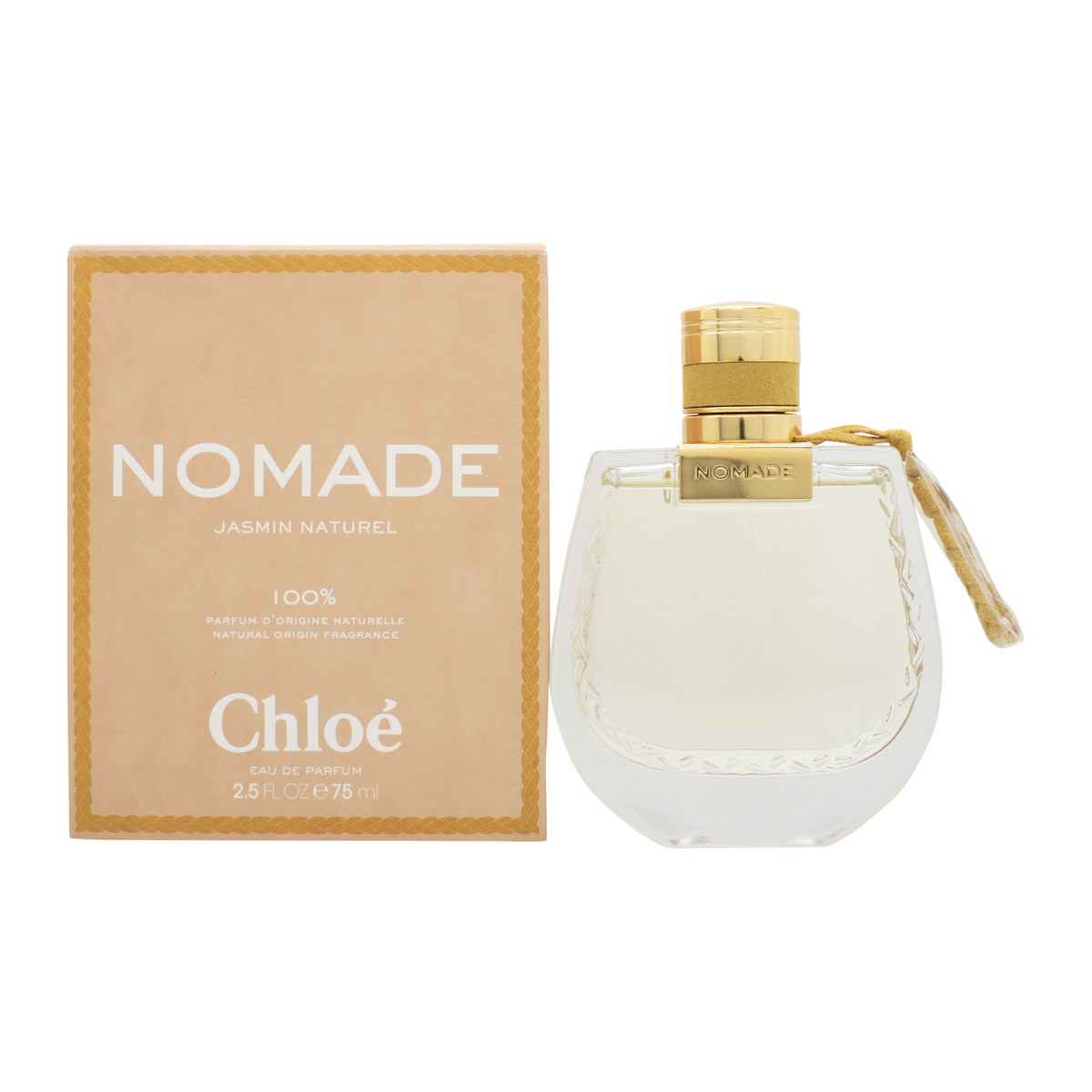 Chloé Nomade Jasmin Naturel Eau de Parfum 75 ml fra Chloé i riflet klart glas med sandfarvet bånd og gylden hætte