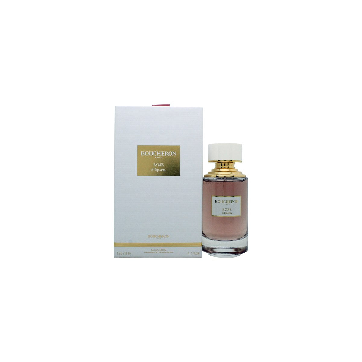 Boucheron Rose d'Isparta Eau de Parfum, Boucheron, 125 ml – klar glasflaske med riflet guldkrave og dybrød etiket.