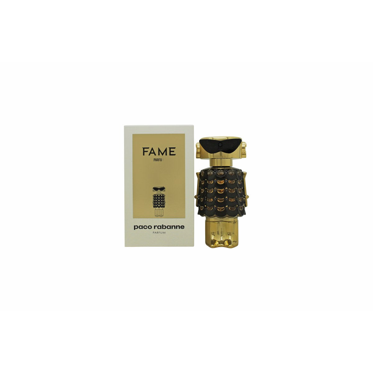 Paco Rabanne Fame Parfum Eau de Parfum 50 ml – gylden robotformet flakon med spejlblank overflade og sort top