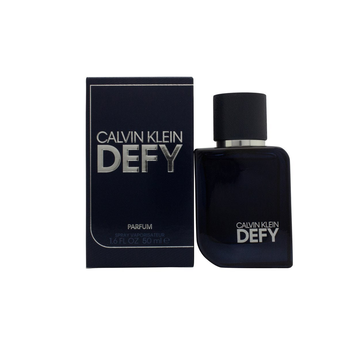 Calvin Klein Defy Parfum 50 ml Calvin Klein mørkeblå, kantet glasflakon med sort metallåg og minimalistisk design