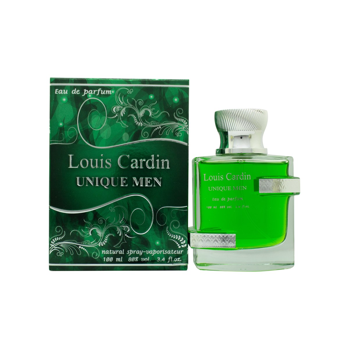 Louis Cardin Unique Men Eau de Parfum 100 ml, mørk rektangulær flakon i sort glas med gulddetaljer og kantet låg
