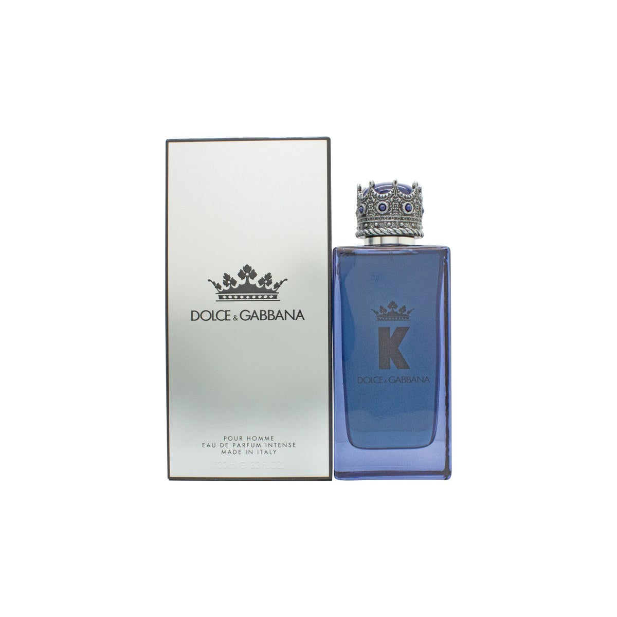 Dolce & Gabbana K Eau de Parfum Intense 100 ml, mørkeblå glasflaske med kongeblåt kroneformet låg og gulddetaljer.