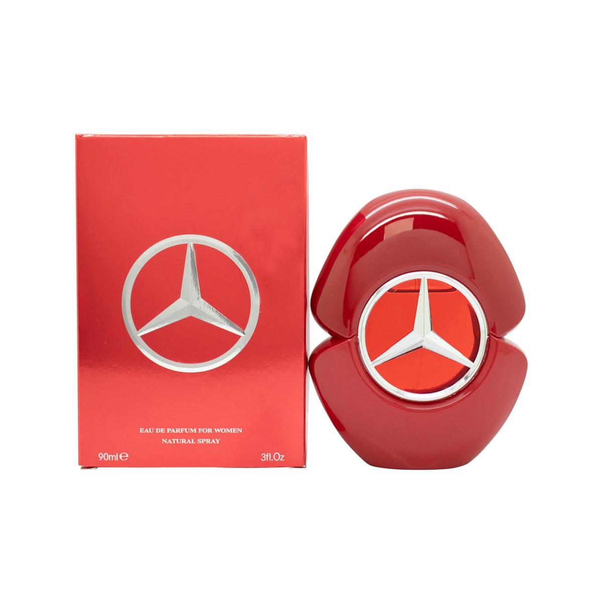Mercedes-Benz Woman In Red Eau de Parfum 90 ml fra Mercedes-Benz, elegant rød glasflaske med buet form og guldhals.