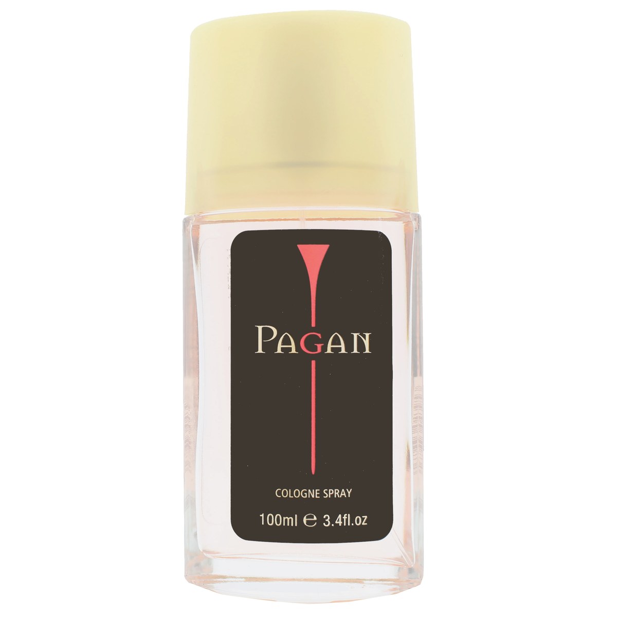 Mayfair Pagan Eau de Cologne 100 ml, Mayfair, klar rektangulær glasflaske med sort låg og klassisk etiket i gule toner