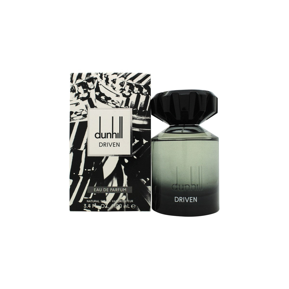 Dunhill Driven Eau de Parfum 100 ml, Dunhill – rektangulær ravfarvet glasflaske med sølvkork og sort logo.