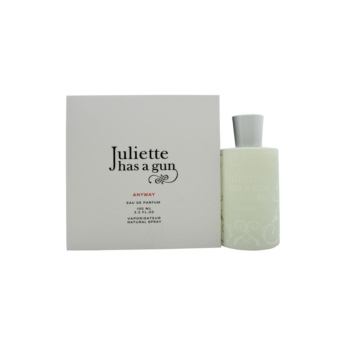 Anyway Eau De Parfum Juliette Has A Gun 100 ml flaske i pastelblå glas med slank form og diskrete indgraverede korsager