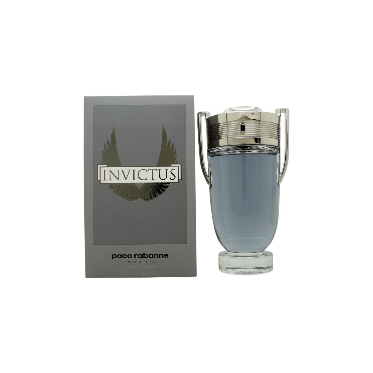 Paco Rabanne Invictus Eau de Toilette 200 ml, Paco Rabanne, trofæformet klar glasflaske med sølvhåndtag og blå væske