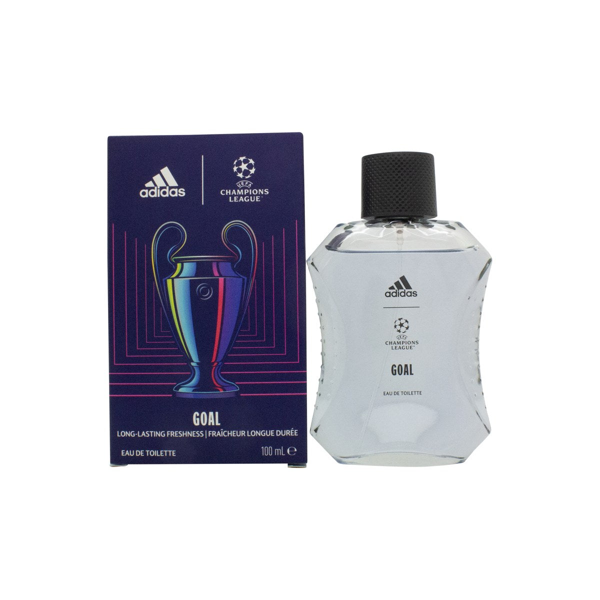 Adidas UEFA Champions League Goal Eau de Toilette 100ml Splash, Adidas 100 ml, klarblå glasflaske med sølvlogo og afrundet design