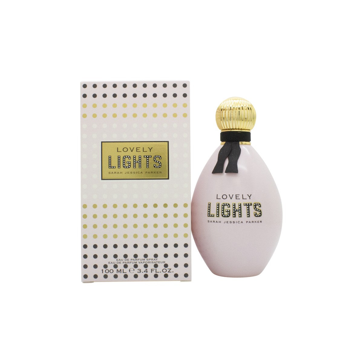 Lovely Lights Eau De Parfum Sarah Jessica Parker 100 ml – rosa flaske med glitrende logo, sløjfeformet hals og gyldent låg