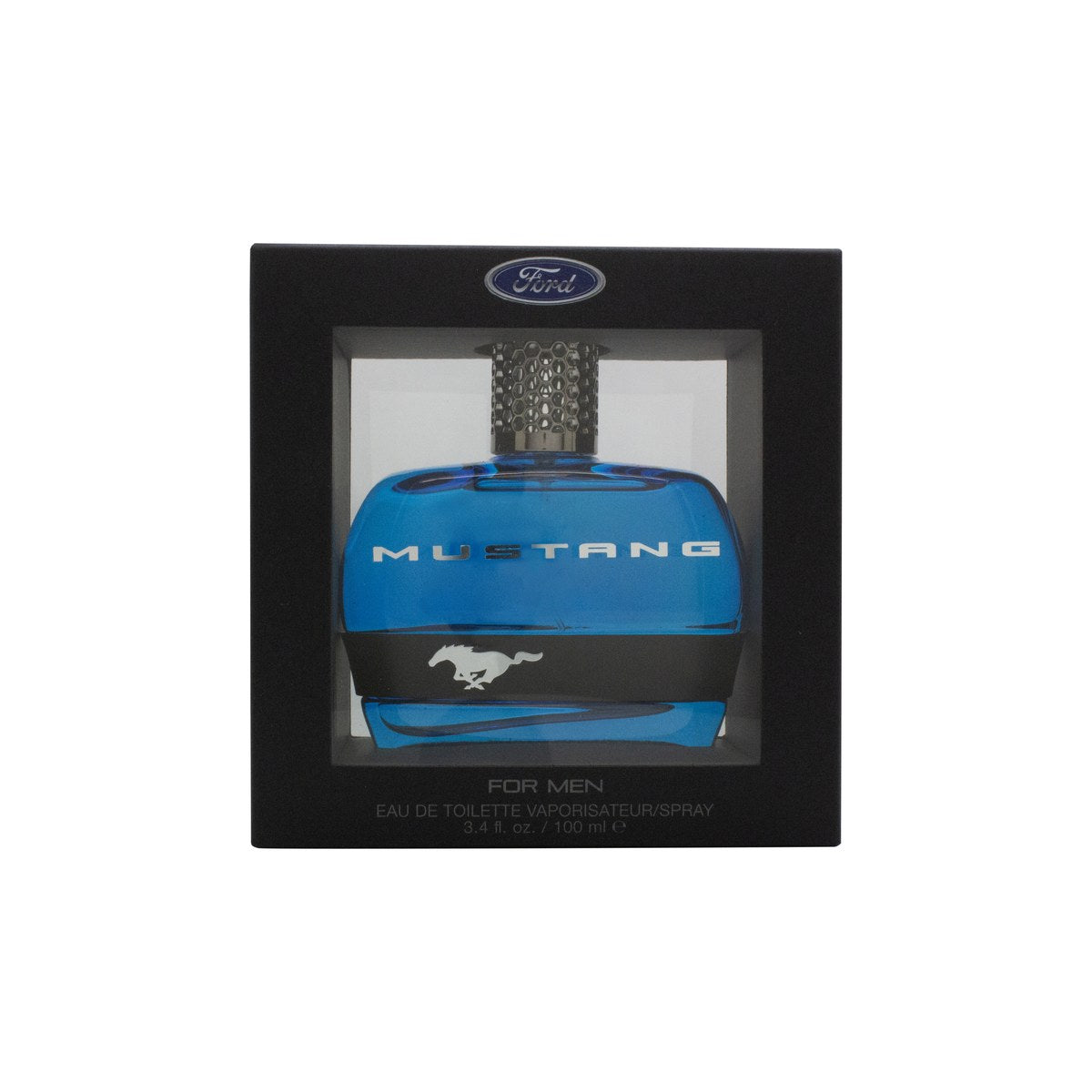 Mustang Blue Eau de Toilette 100 ml, Mustang – blå rektangulær glasflaske med sølvfarvet låg og hvidt logoprint.