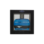 Mustang Blue Eau de Toilette 100 ml, Mustang – blå rektangulær glasflaske med sølvfarvet låg og hvidt logoprint.