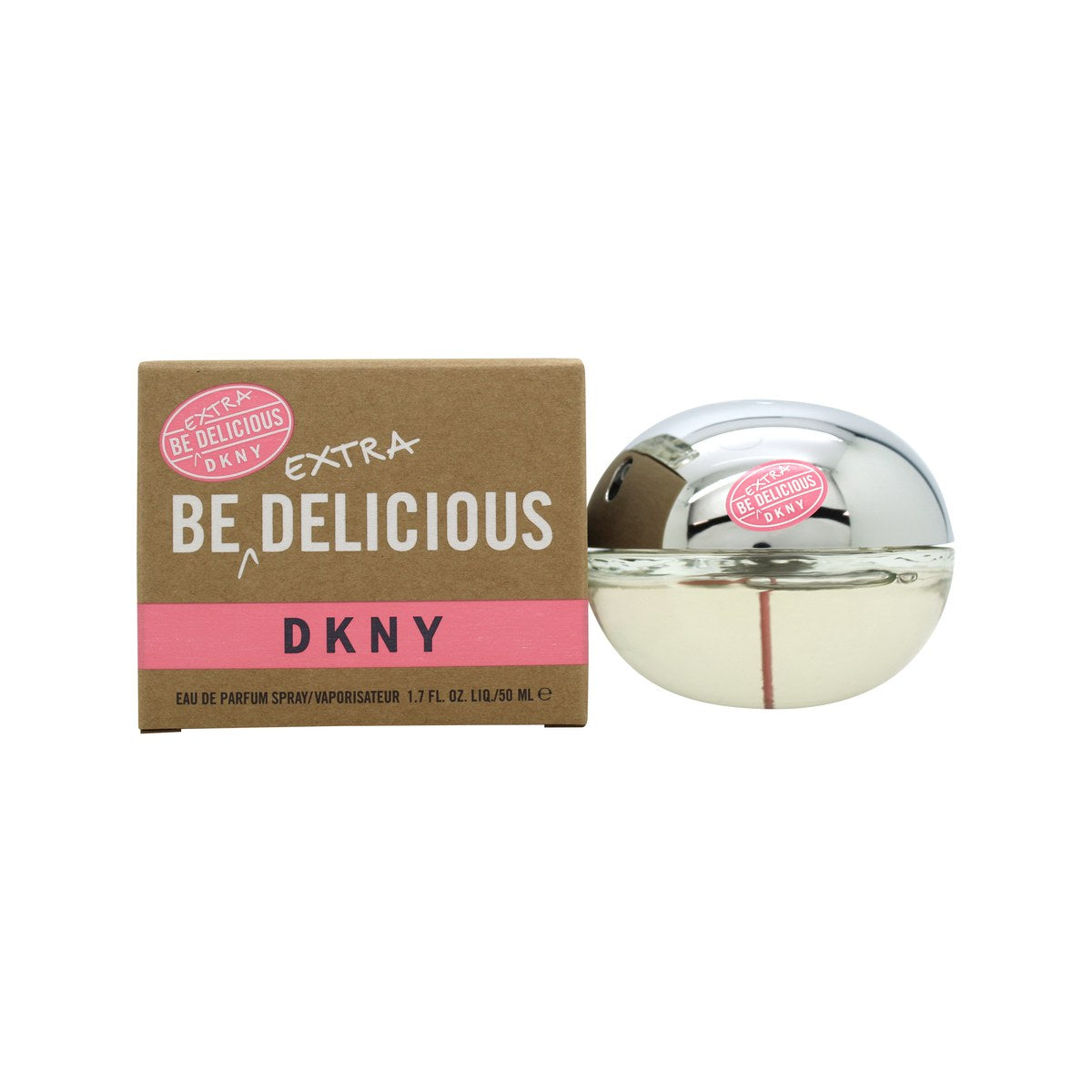 DKNY Be Extra Delicious Eau de Parfum, 50 ml – lyserød æbleformet flakon i glas med sølvhals og logo på fronten