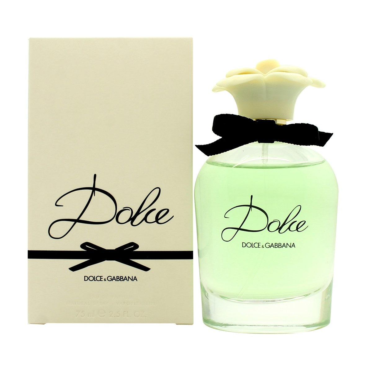 Dolce Eau De Parfum Dolce & Gabbana 75 ml klar glasflaske med sort bånd og elfenbensfarvet blomsterlåg, vintage design