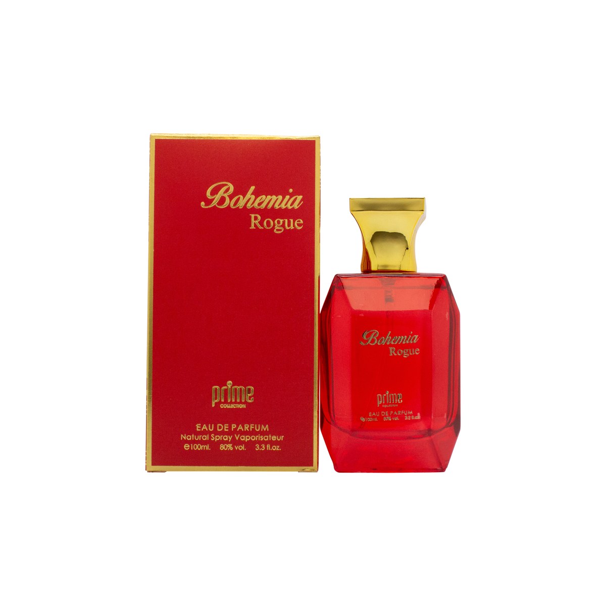 Prime Collection Bohemia Rogue Eau de Parfum 100 ml, Prime Collection, mørk glasflaske med sort låg og gyldne detaljer.