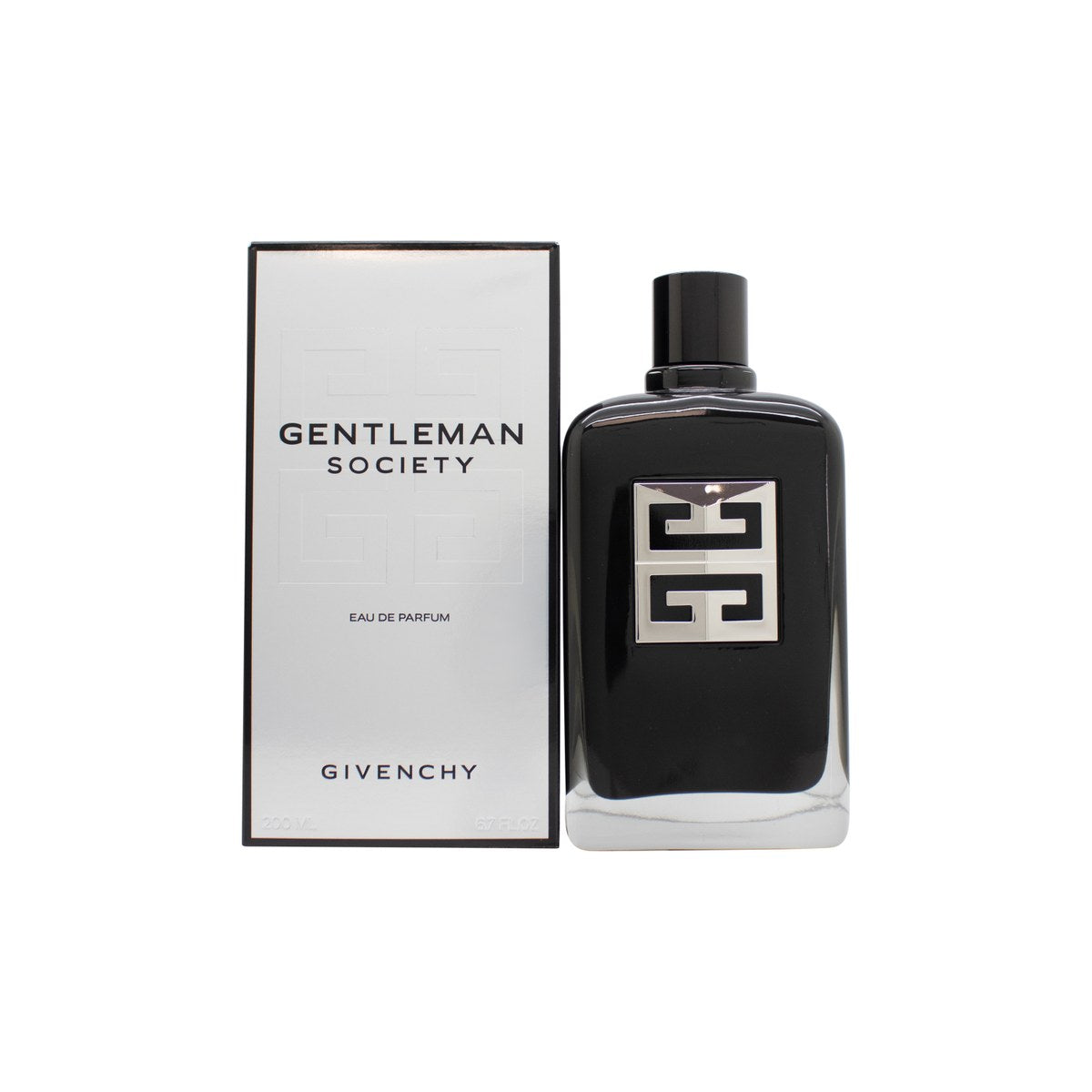 Gentleman Society Eau De Parfum Givenchy 200 ml sort rektangulær parfumeflaske i lakeret glas med sølv 4G-monogram