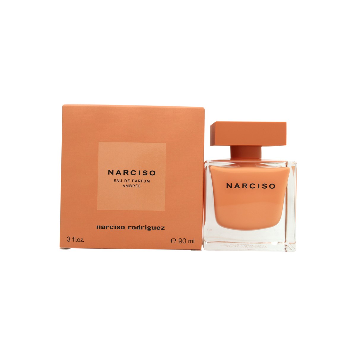 Narciso Ambrée Eau De Parfum Narciso Rodriguez 90 ml, ravfarvet rektangulær glasflakon med mat overflade og kvadratisk låg